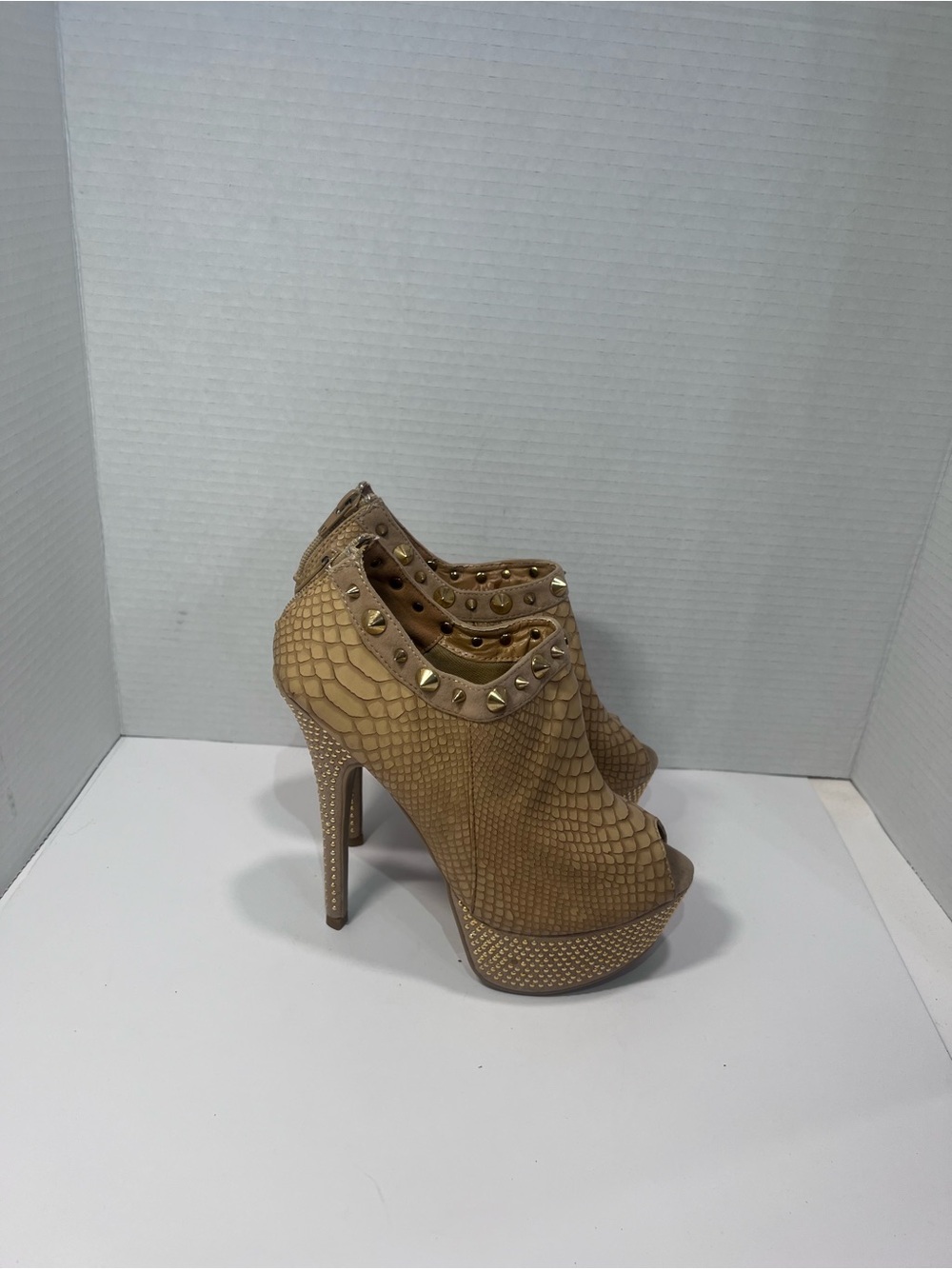 Platform Peep-Toe High Heels in Tan Snake-Embossed Leather with Stud Accents